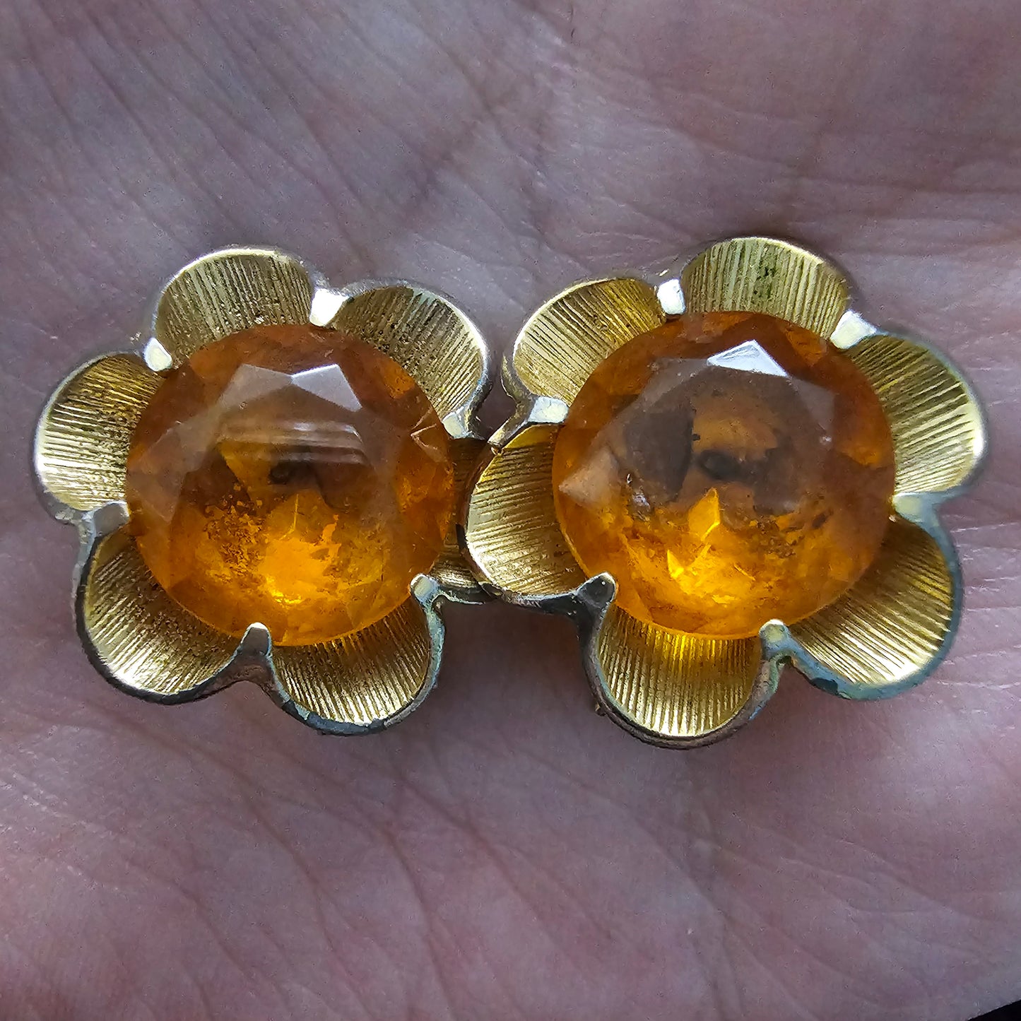Large Trifari Amber colour stones and gold flower clip earrings