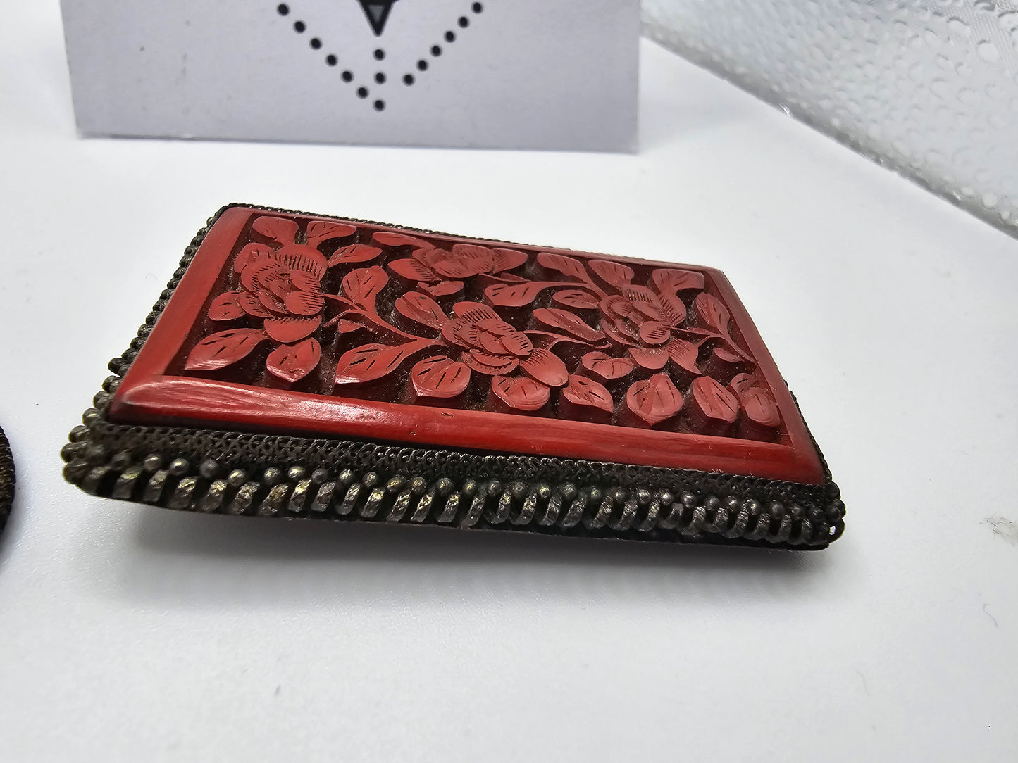 Vintage Carved Chinese Cinnabar and gilt pin x 2 - 1 broken back, easily fixed