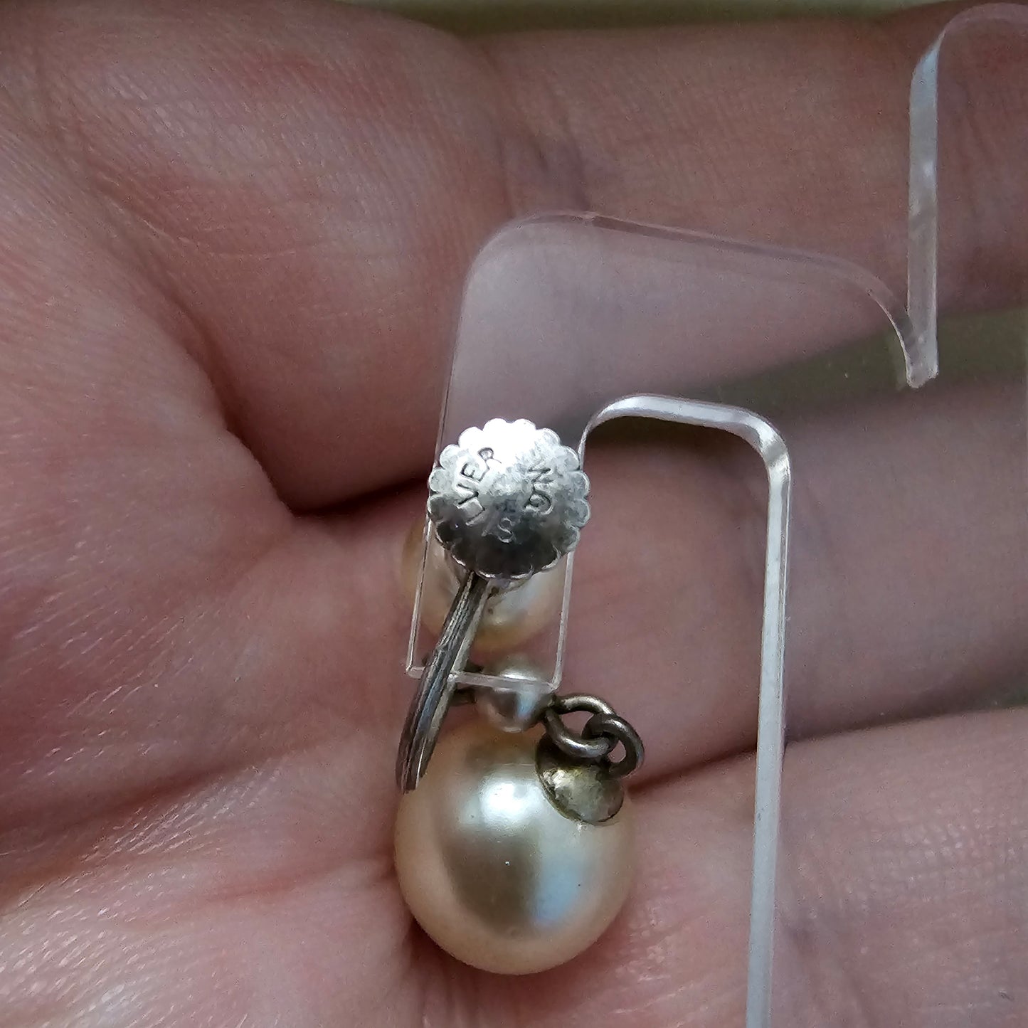 Vintage silver faux pearl drop earrings, perfect condition, beautifully aged