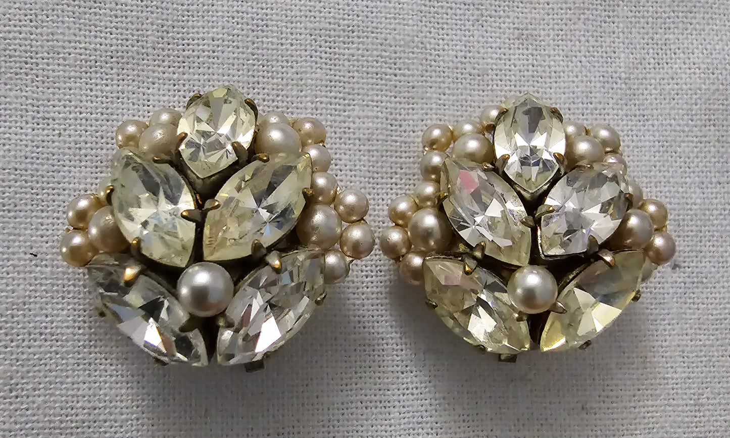 1950s Diamanté and pearl clip earrings