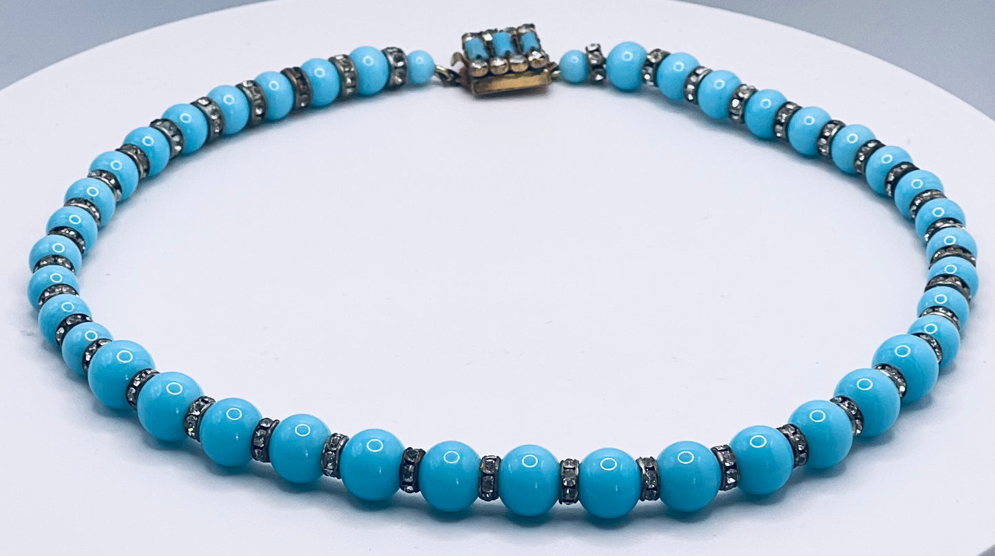 VINTAGE ESTATE Faux Turquoise bead necklace with diamanté spacers and original clasp