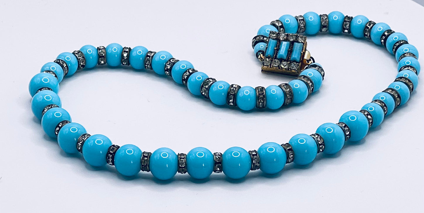 VINTAGE ESTATE Faux Turquoise bead necklace with diamanté spacers and original clasp