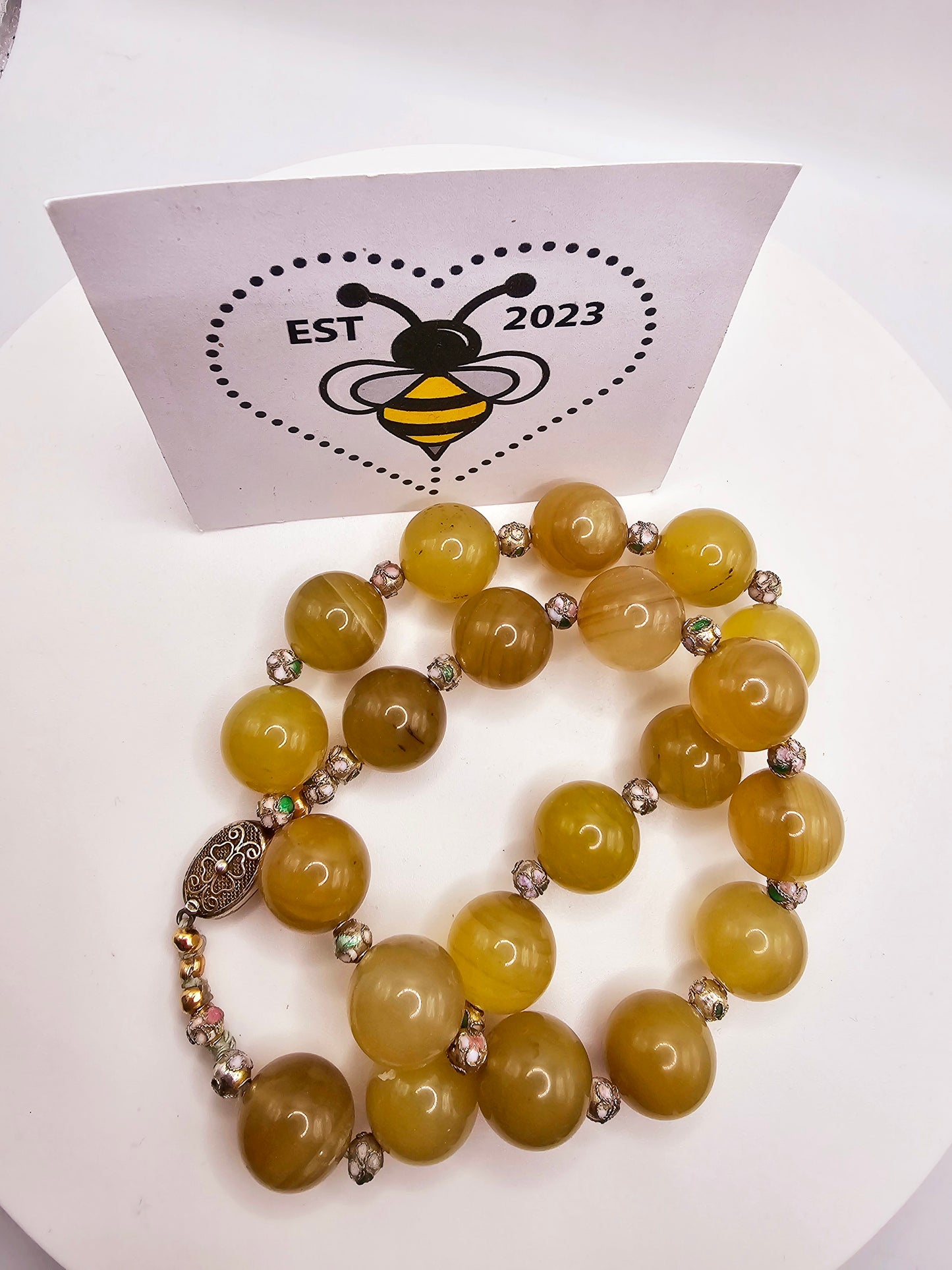 Yellow banded agate choker necklace with cloisonne spacer beads